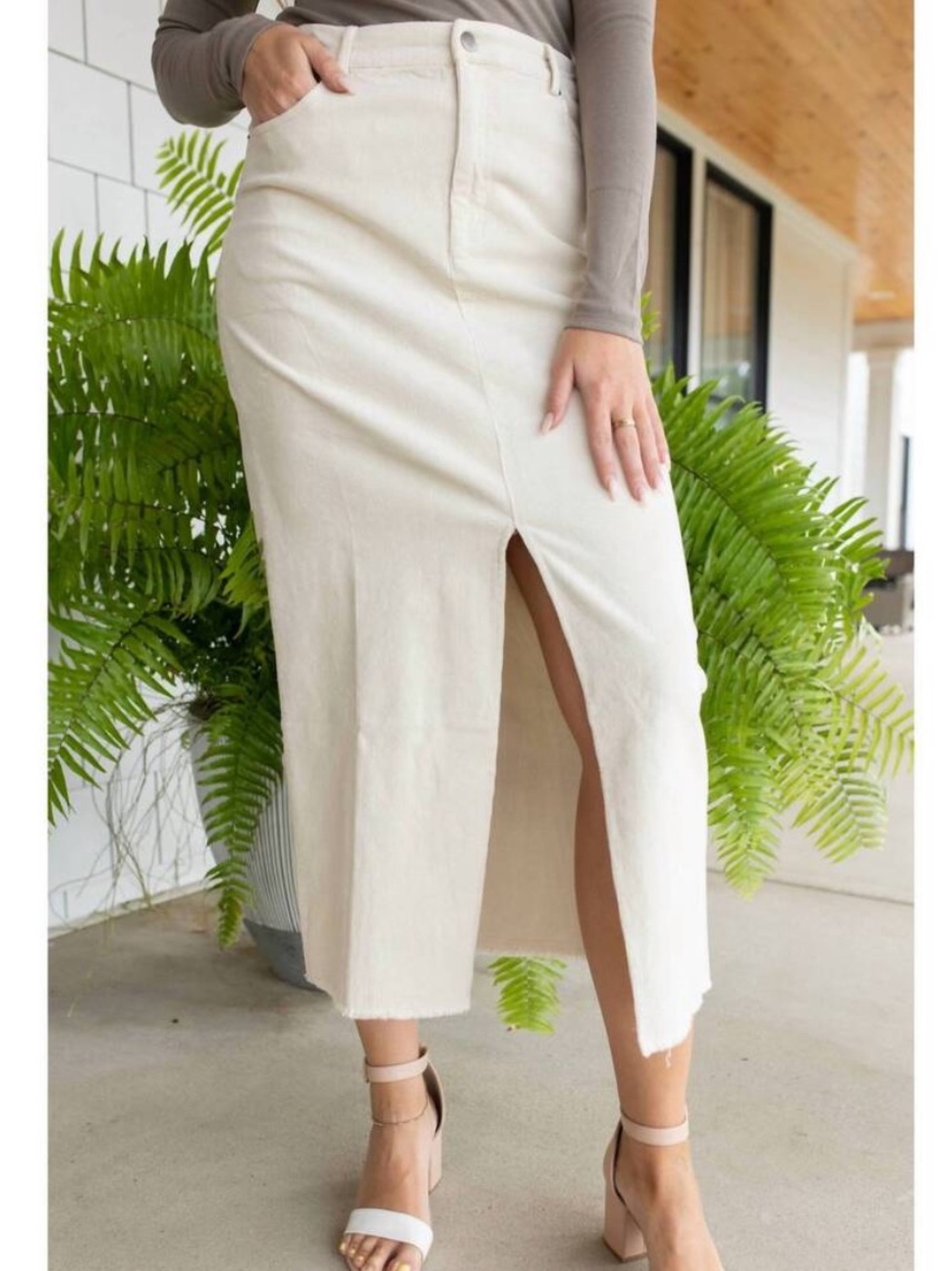 Mystree Cream High-Waist Western Corduroy Midi Skirt with Front Slit Raw Hem